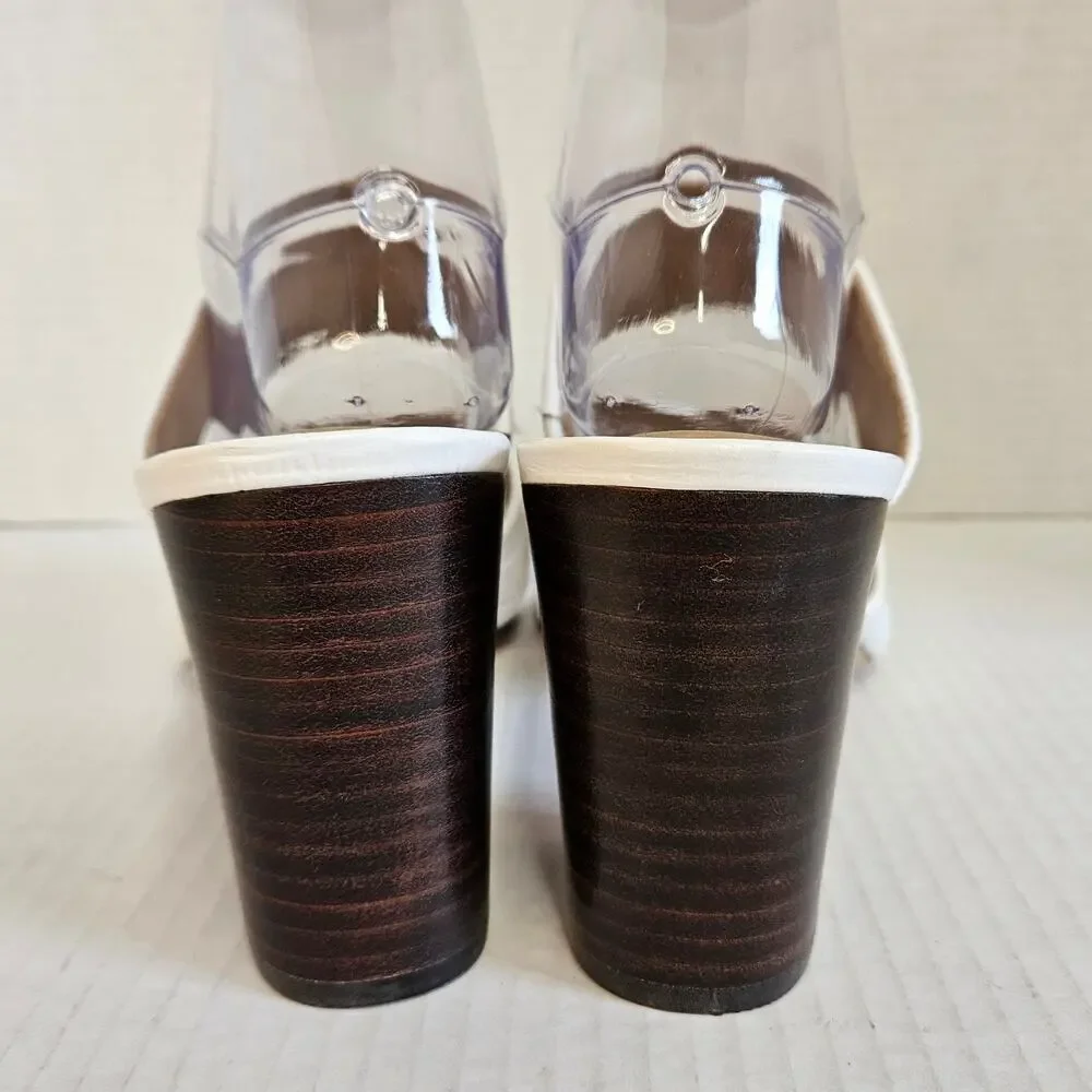 Ann Taylor‎ White Leather Croc Embossed Sandals With Stacked Block Heel Size 9M